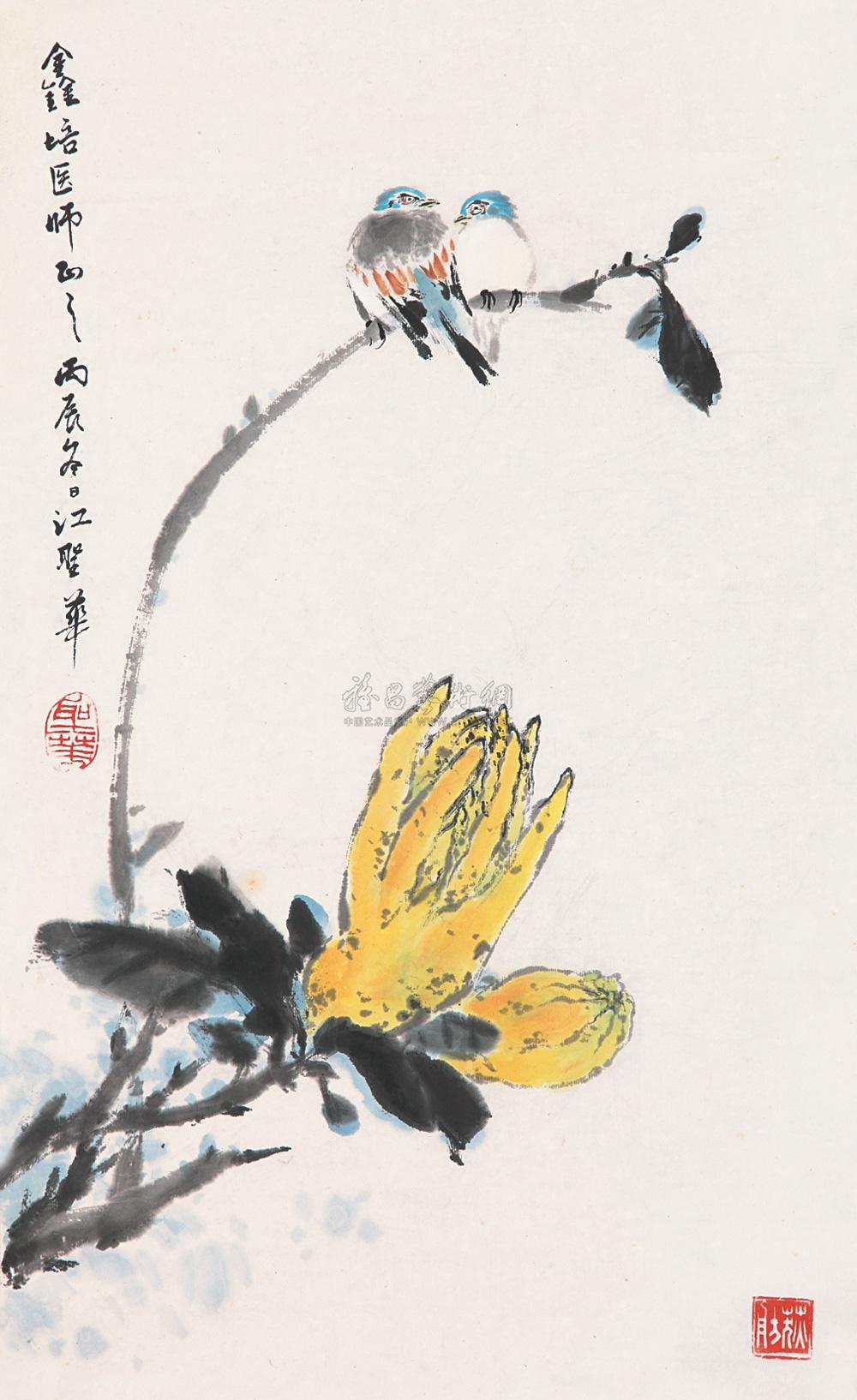 0050 佛手小鸟 镜心 设色纸本