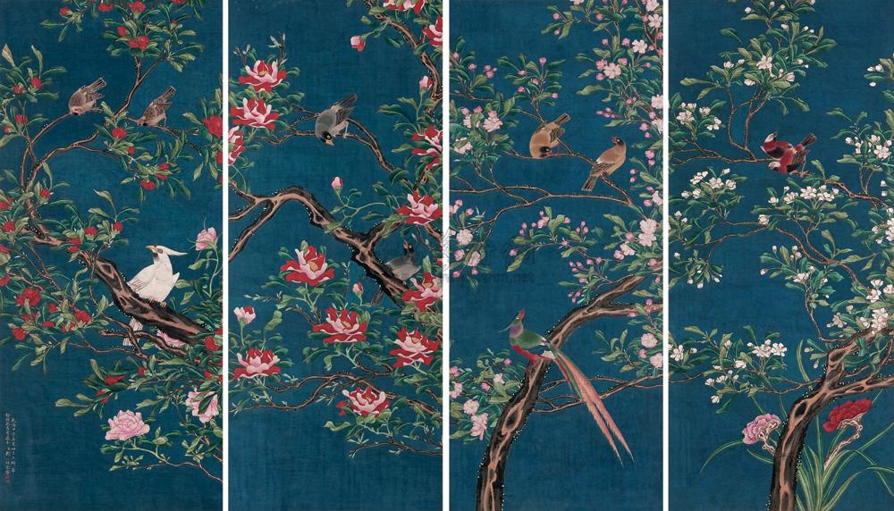 3855 1744年作 花鸟屏风 屏风 设色纸本