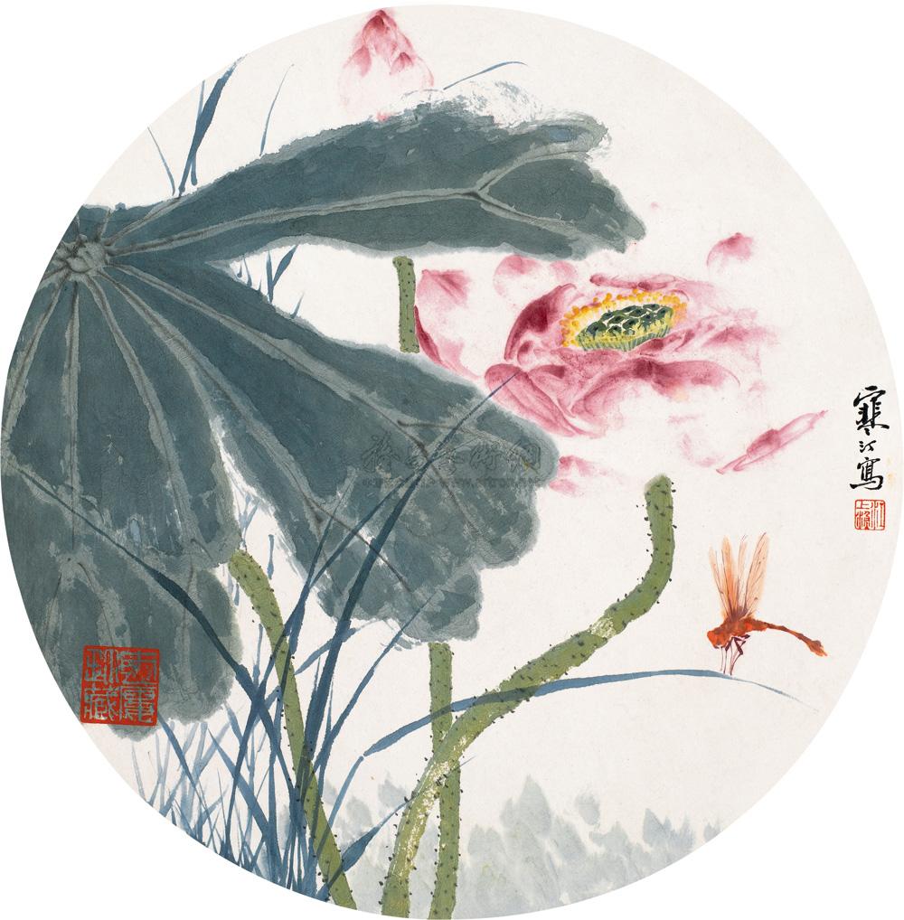 0391 荷花蜻蜓 团扇片 设色纸本