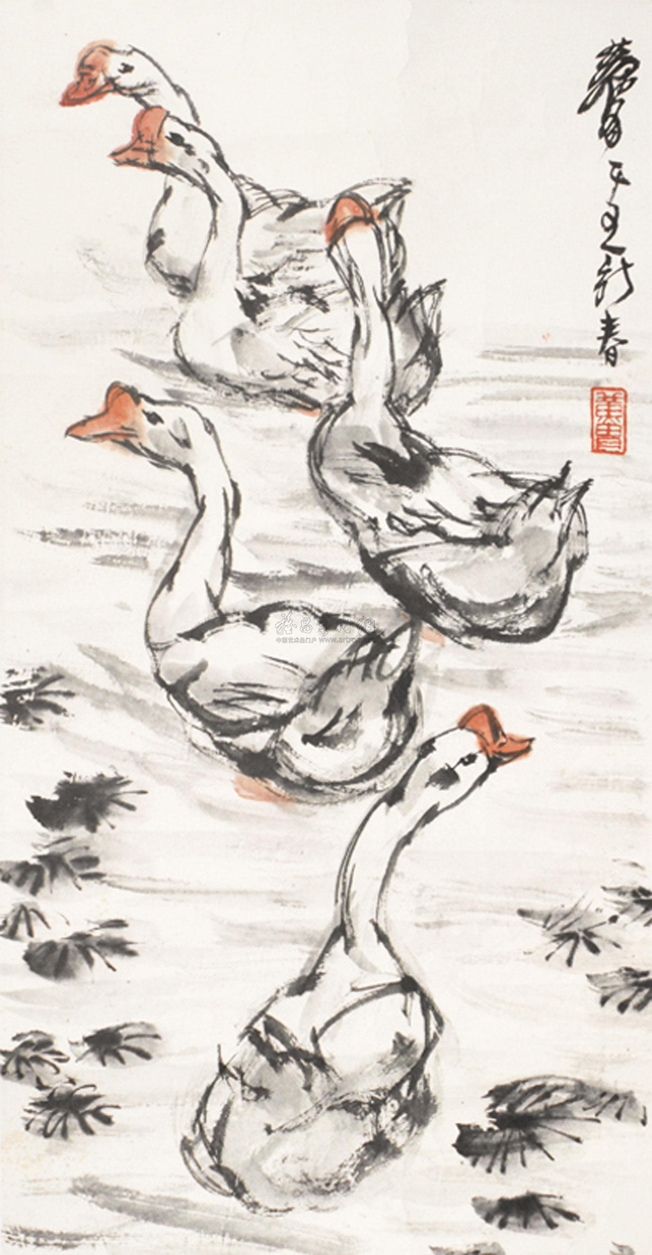 0160 鸭戏图 镜心 纸本
