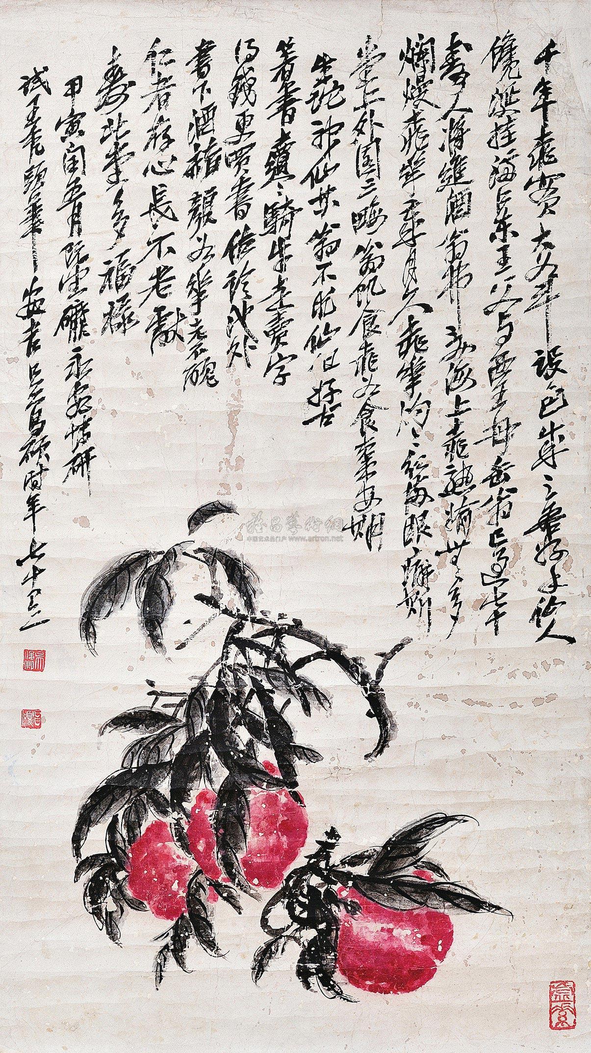 0081 寿桃图 立轴 设色纸本
