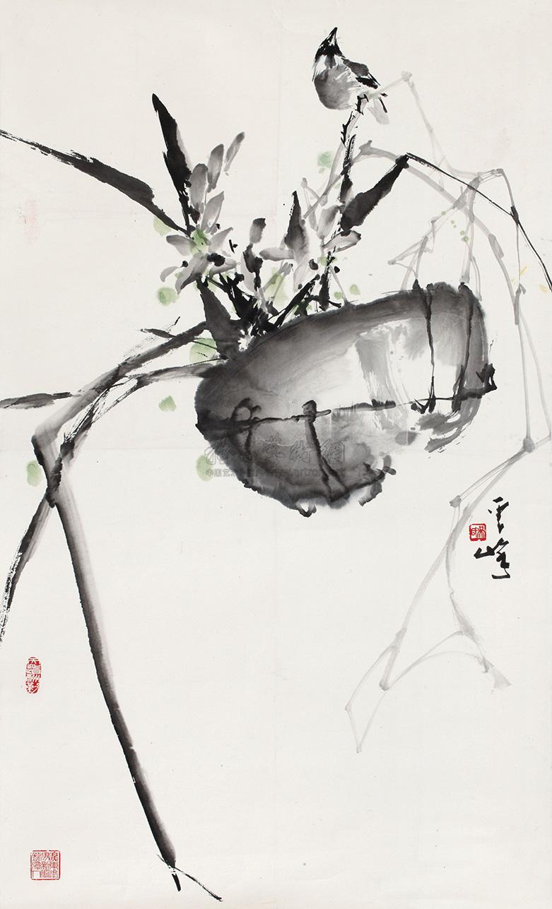 0603 吊兰小鸟 镜片 设色纸本