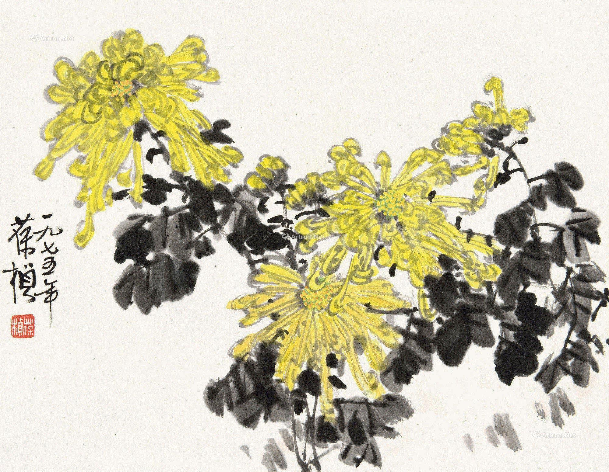 0125 1975年作 菊花图 纸片 设色纸本