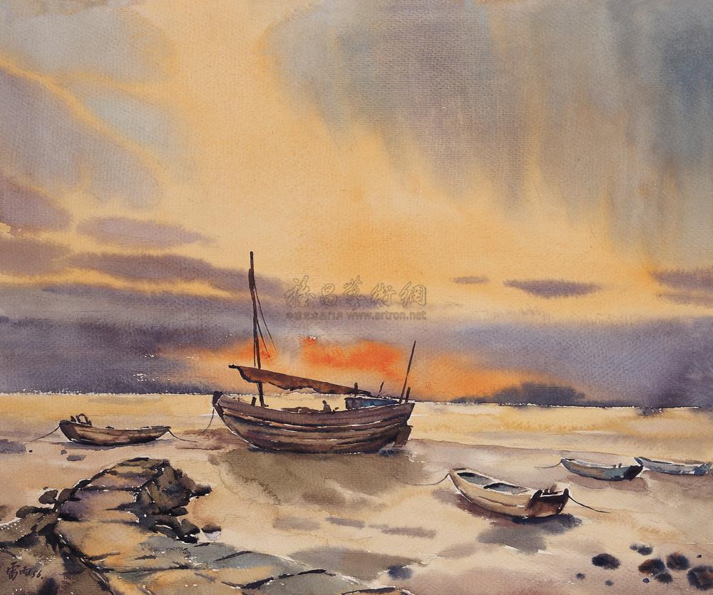 雷雨(1921.11-已故)广东中山人。擅长水彩画。早年随李铁夫学美术,曾在香港与人合办美术学校。1952年任上海美术制片厂美术设计。出版有《水彩画技法研究》,设计动画片《一幅僮锦》、《森林之王》等。 雷雨的水彩画在五十年代的上海很有影响,为建国以后海派艺术代表人物之一,他擅长画风景、静物,其感觉明锐、笔调爽利,于清淡中见深沉。这幅海滩上的鱼船色泽新鲜,很有动感,是一件不可多得的佳作。 海派