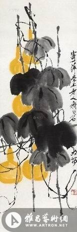 齐白石《葫芦》，纸本设色，101.5×34cm