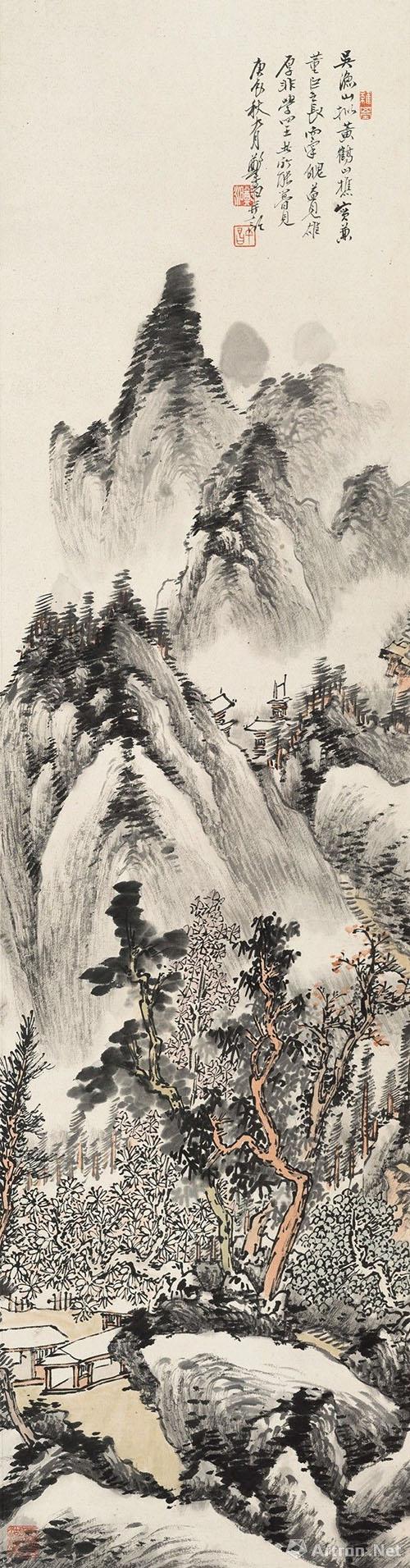 郑午昌(1894-1952) 山居图 设色纸本 立轴95×25cm 约2.14平尺