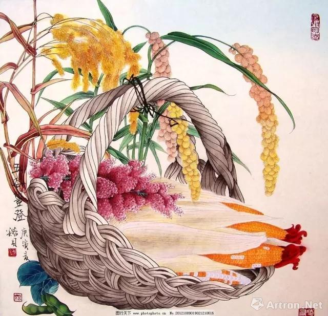 首先,"五谷丰登"是中国民间绘画中传统的吉祥题材.