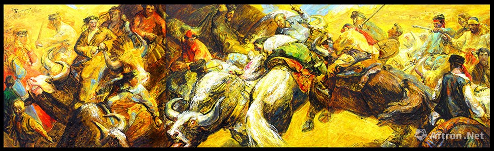 塔吉克叼羊图No.3-黄色变体（三联画）Tajik‘s Race of Riding Yak and Scrambling for a Sheep