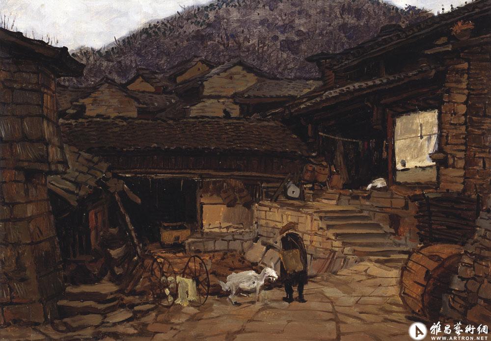雨中糯黑村寨^_^Village in the Rain Oil on Cardboard Lunan of Yunnan Province