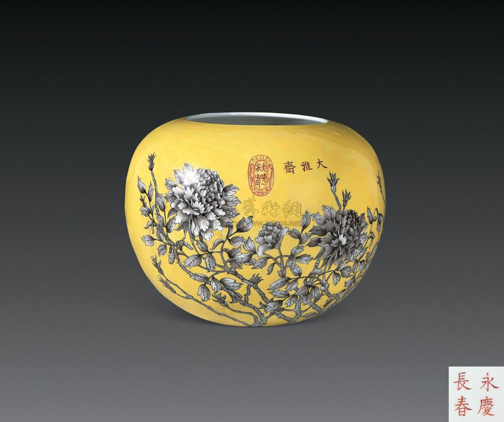 大雅斋黄地黑彩花卉纹缸】拍卖品_图片_价格_鉴赏_清代其它彩釉瓷器
