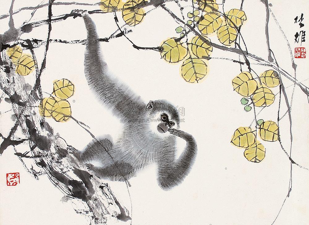 0451 猴子 镜框 设色纸本