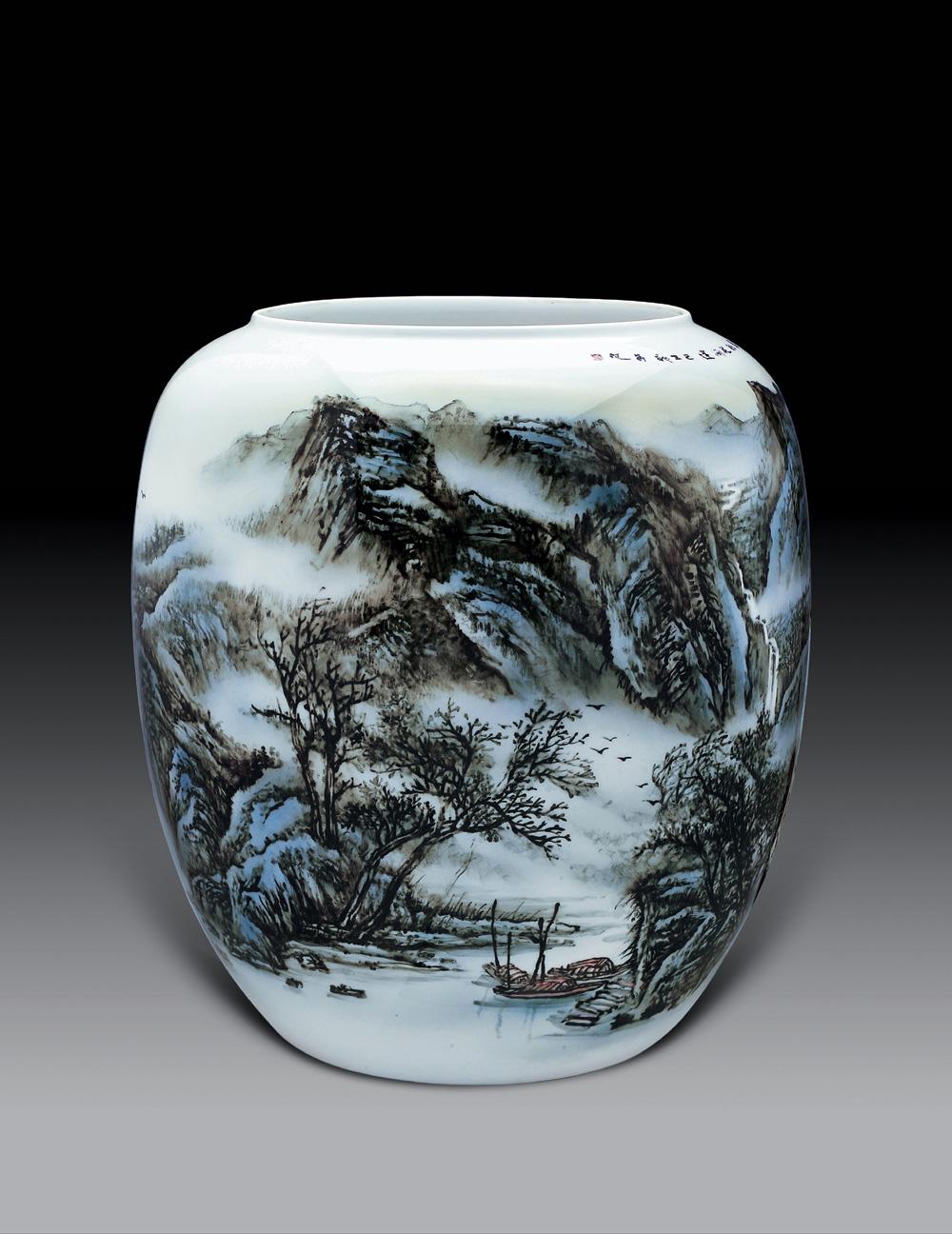 0317 2009年 易龙华 山水图 釉下五彩画缸