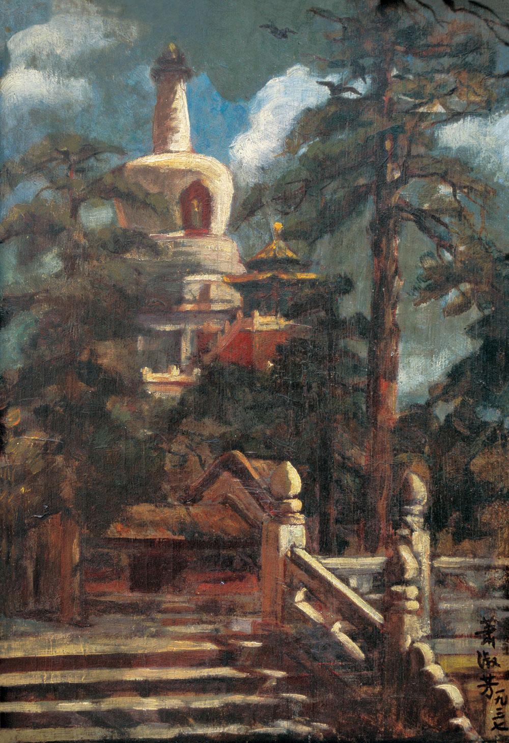 0553 1937年作 北海白塔 木板 油画