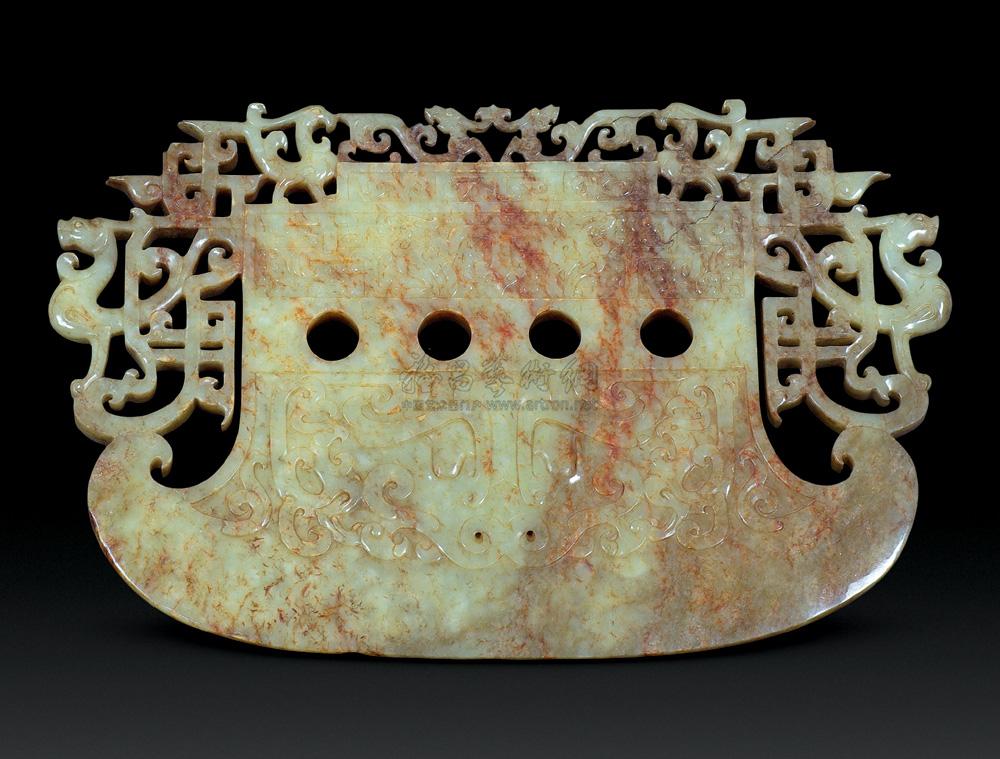 0366 汉代 青黄玉兽面纹四孔钺