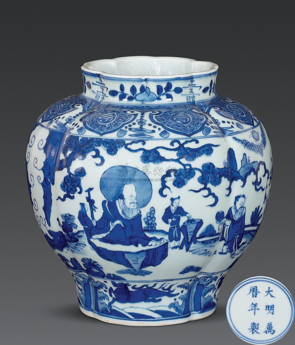 0426 明万历 青花八仙人物祝寿瓜棱罐