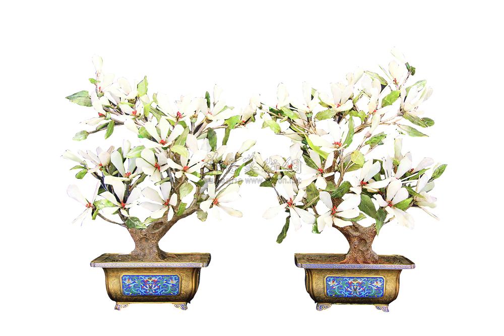 1403 清 玉白兰花景泰蓝盆景 (一对)