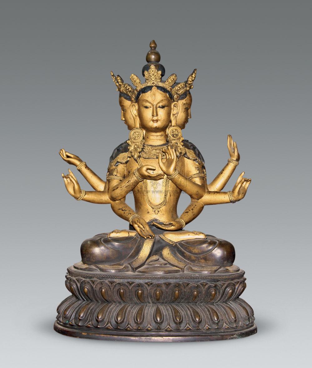 【清 铜鎏金三头六臂菩萨座像】拍卖品_图片_价格_鉴赏_佛教文物其它