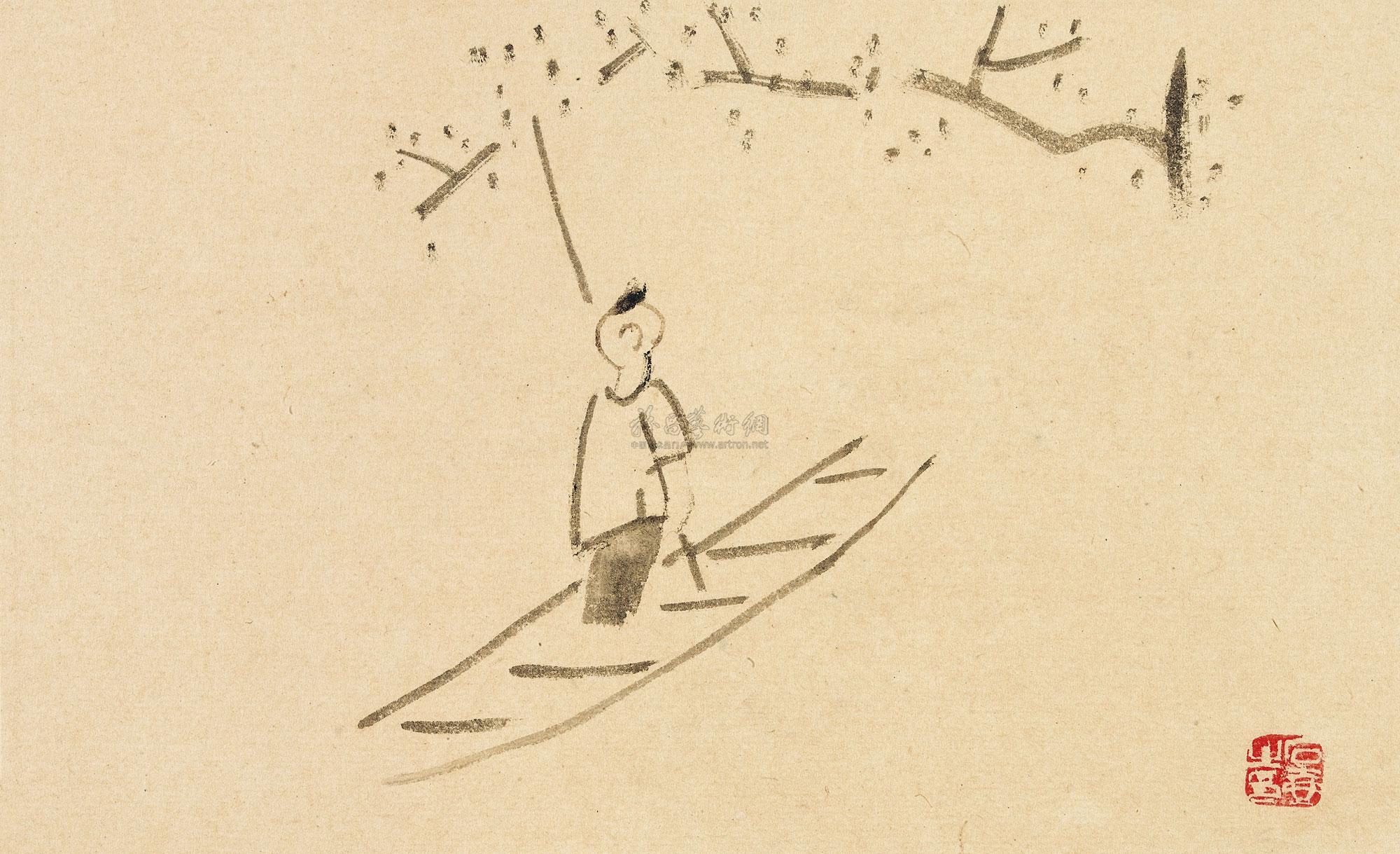 0486 撑船树荫下 镜心 纸本