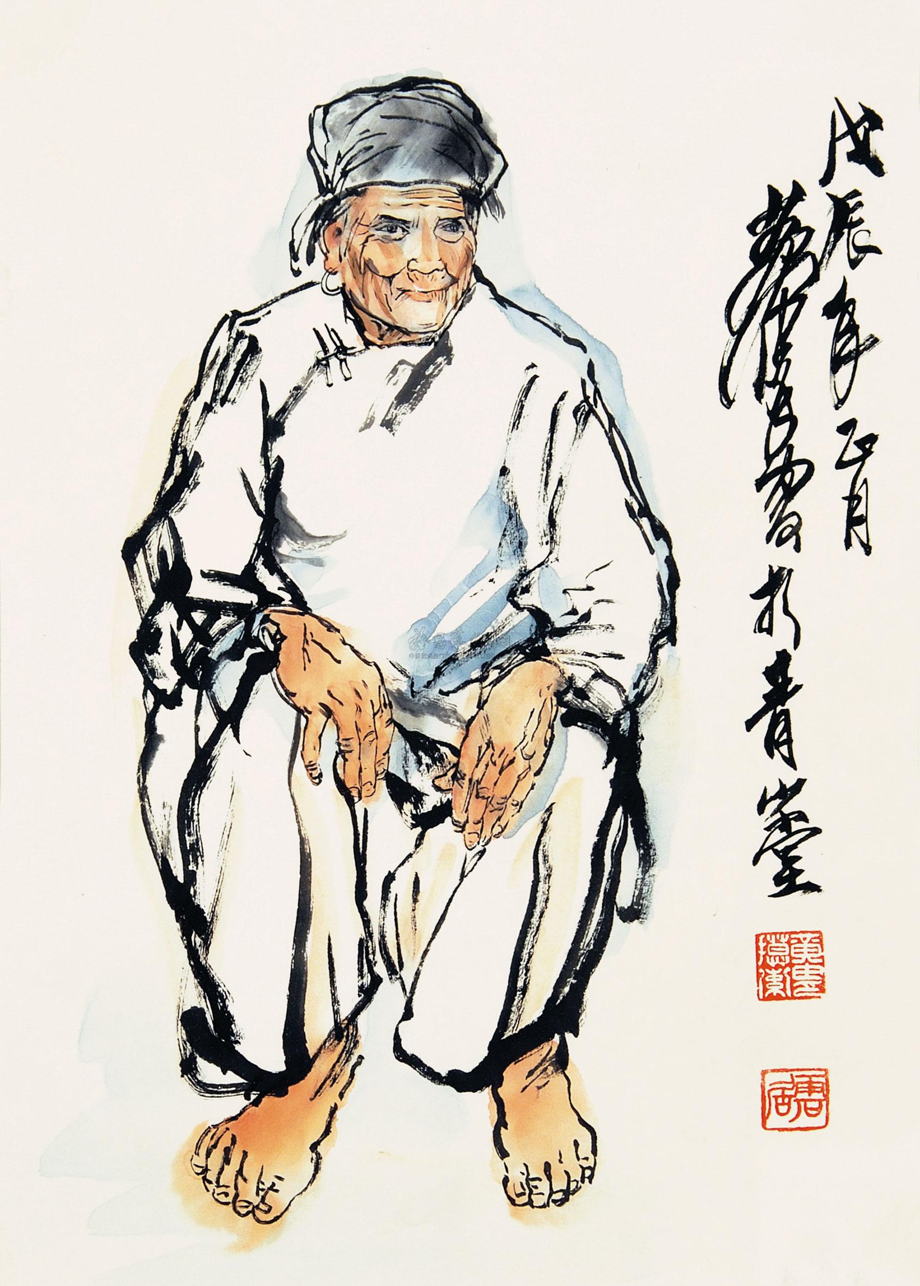 0273 老妇 镜框 纸本