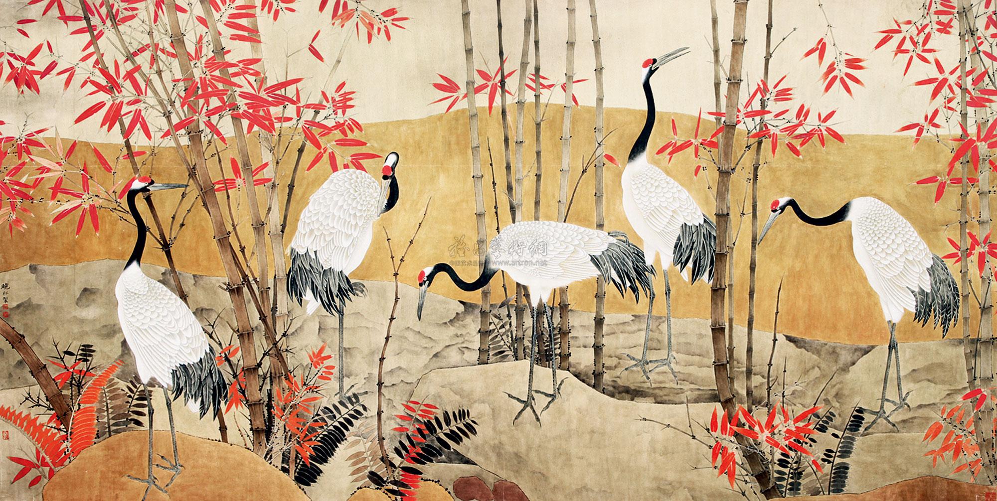 0146 竹鹤图 镜 设色纸本