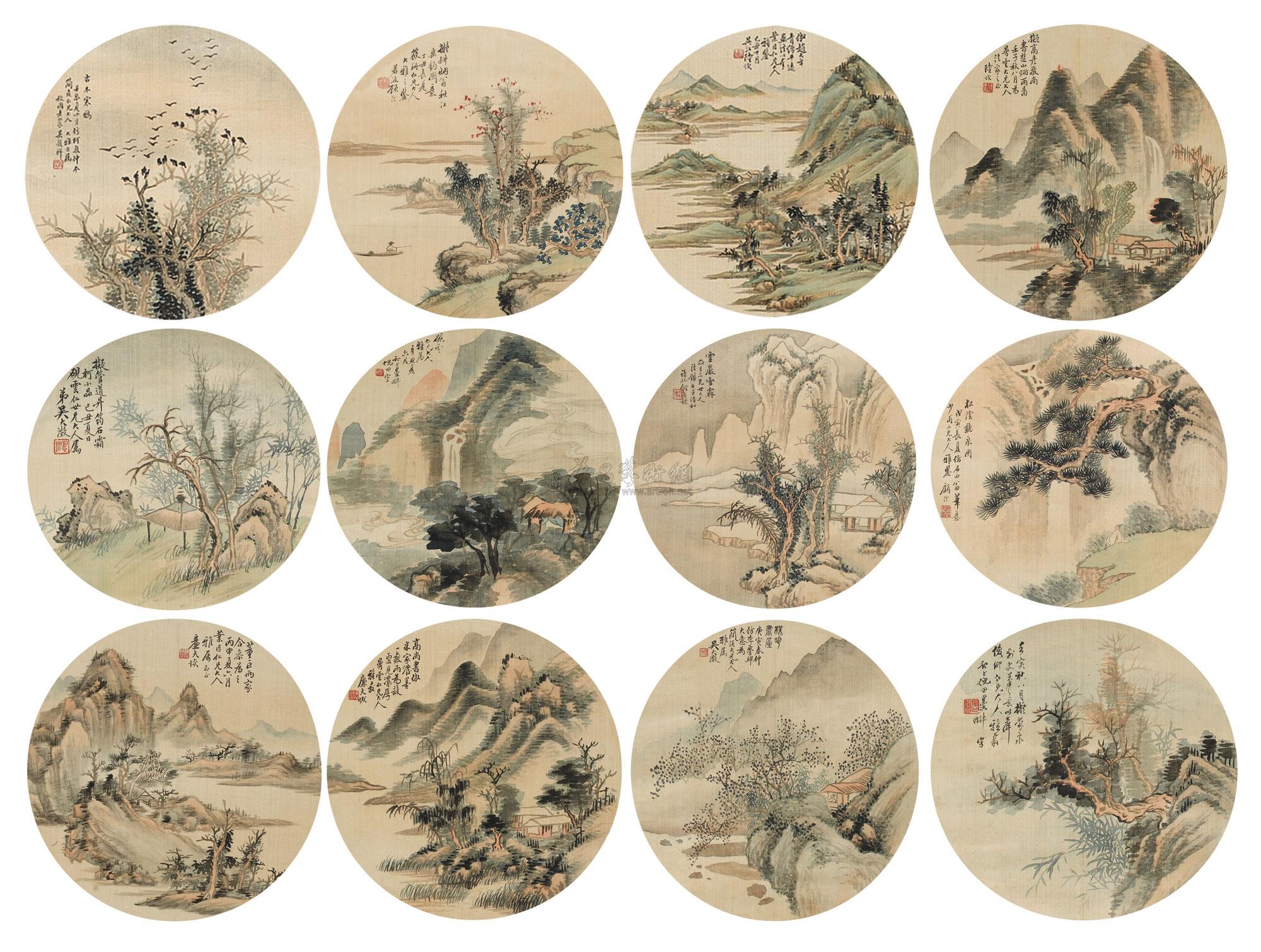 【山水圆光 四屏 设色绢本】拍卖品_图片_价格_鉴