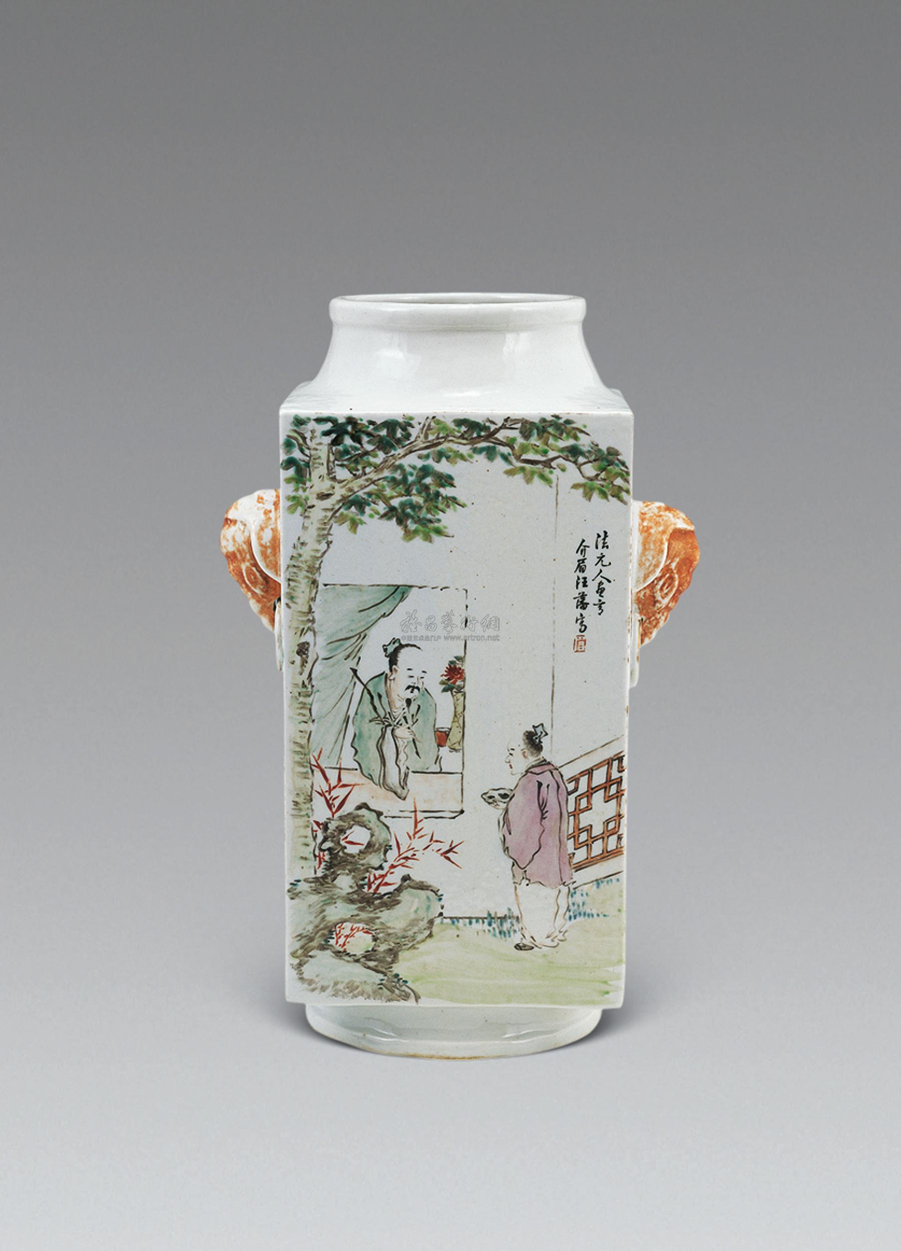 0078 清·光绪 浅绛彩人物山水纹双耳琮式瓶 (一件)