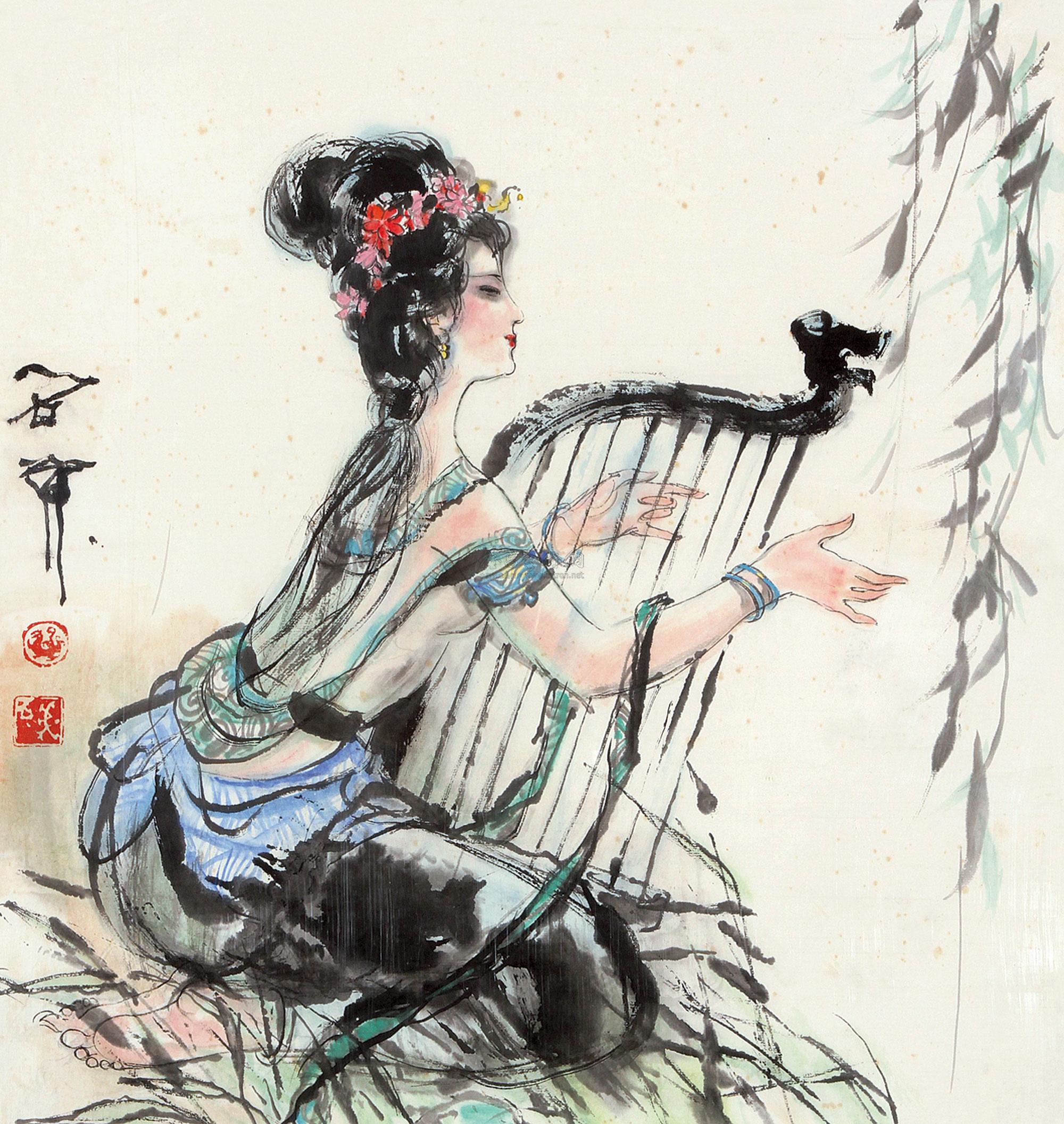 0176 弹琴少女 镜框 设色纸本
