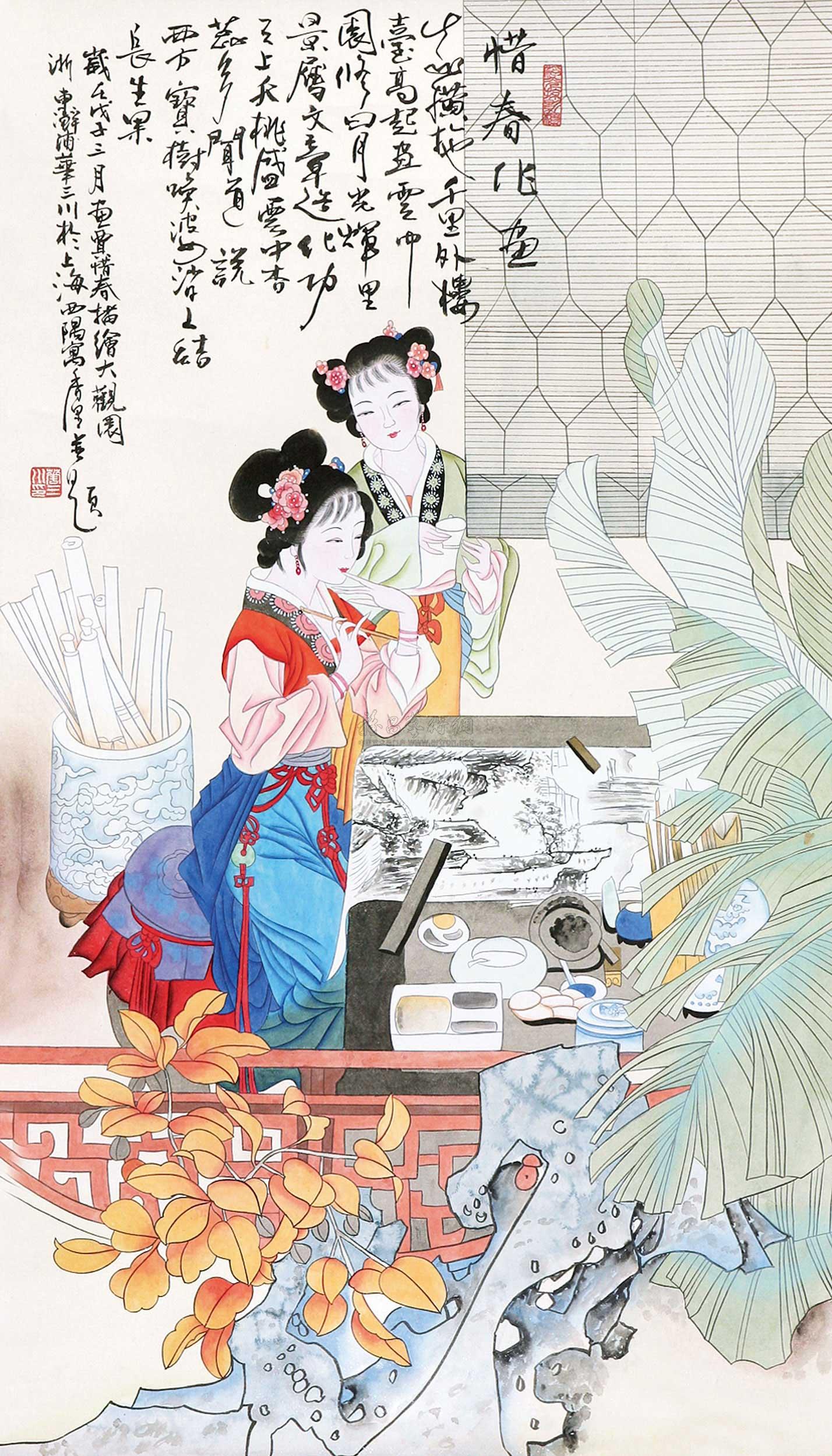 0456 惜春作画 立轴 设色纸本