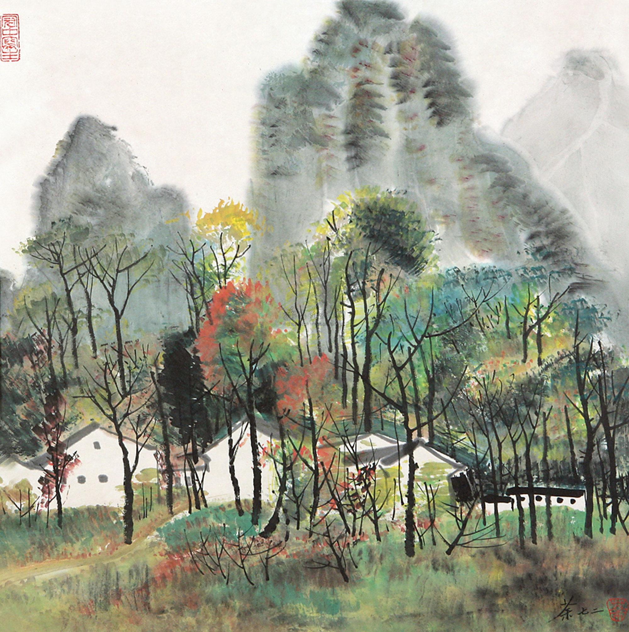 0827 村庄 镜框 设色纸本