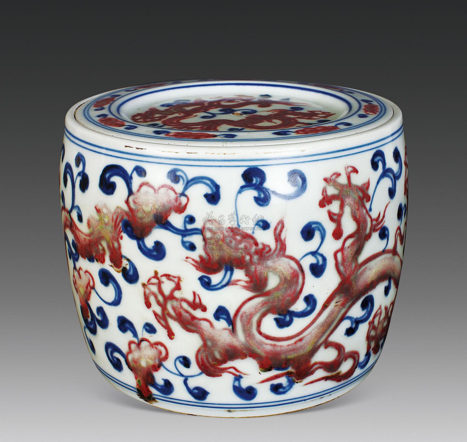 2503 明代 青花釉里红龙穿花纹蟋蟀罐