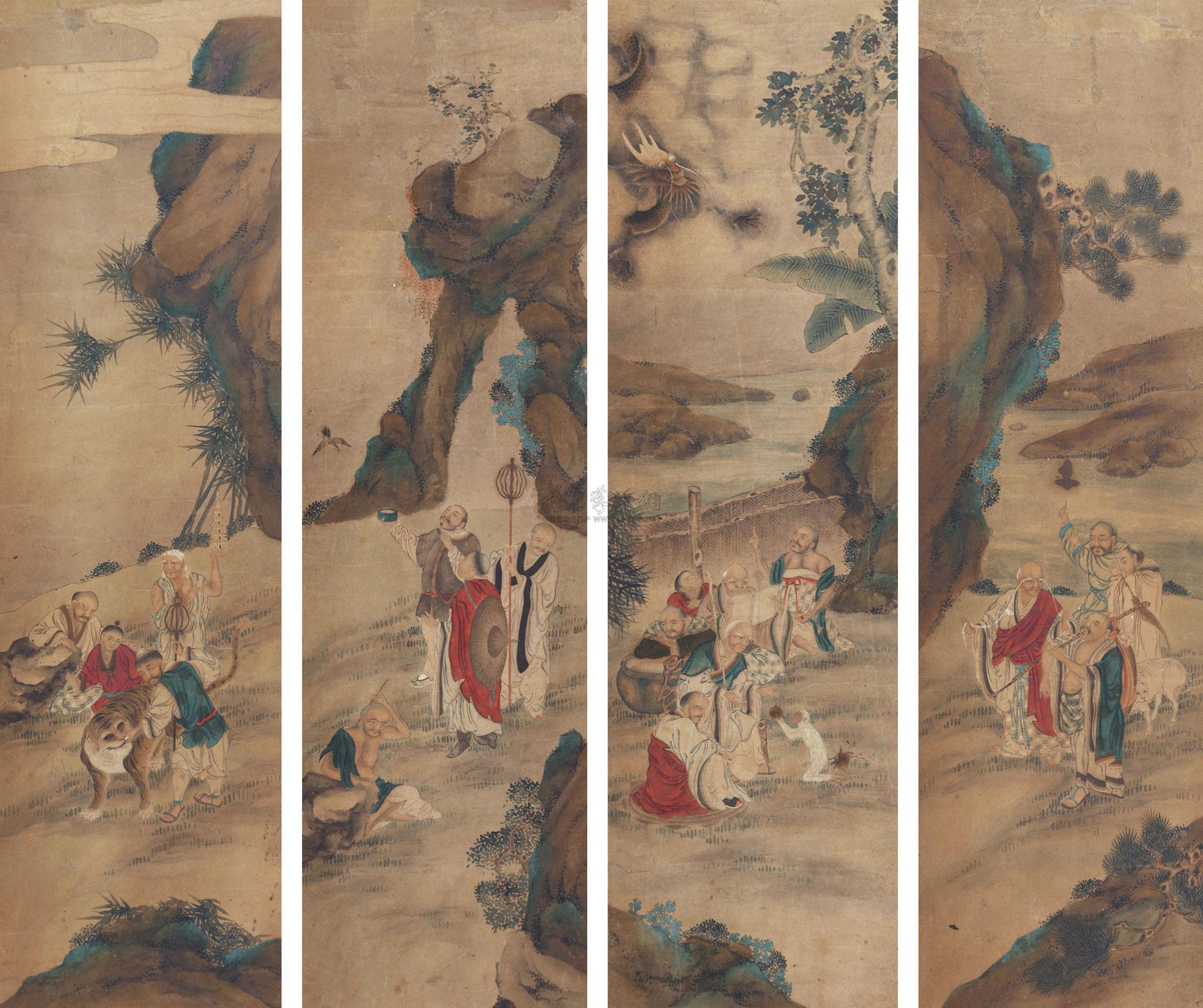 0563 十八罗汉 四屏立轴 设色纸本