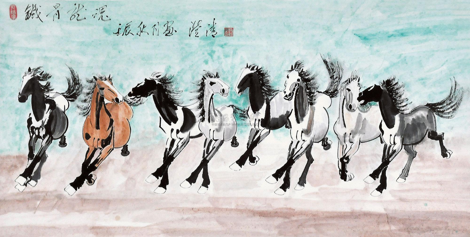 0387 2012年作 八骏图 镜片 设色纸本