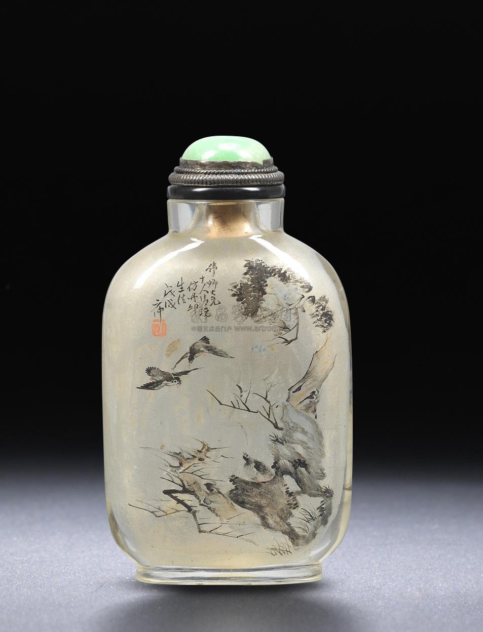0089 1898年 丁二仲 玻璃内画双鸟归巢图鼻烟壶