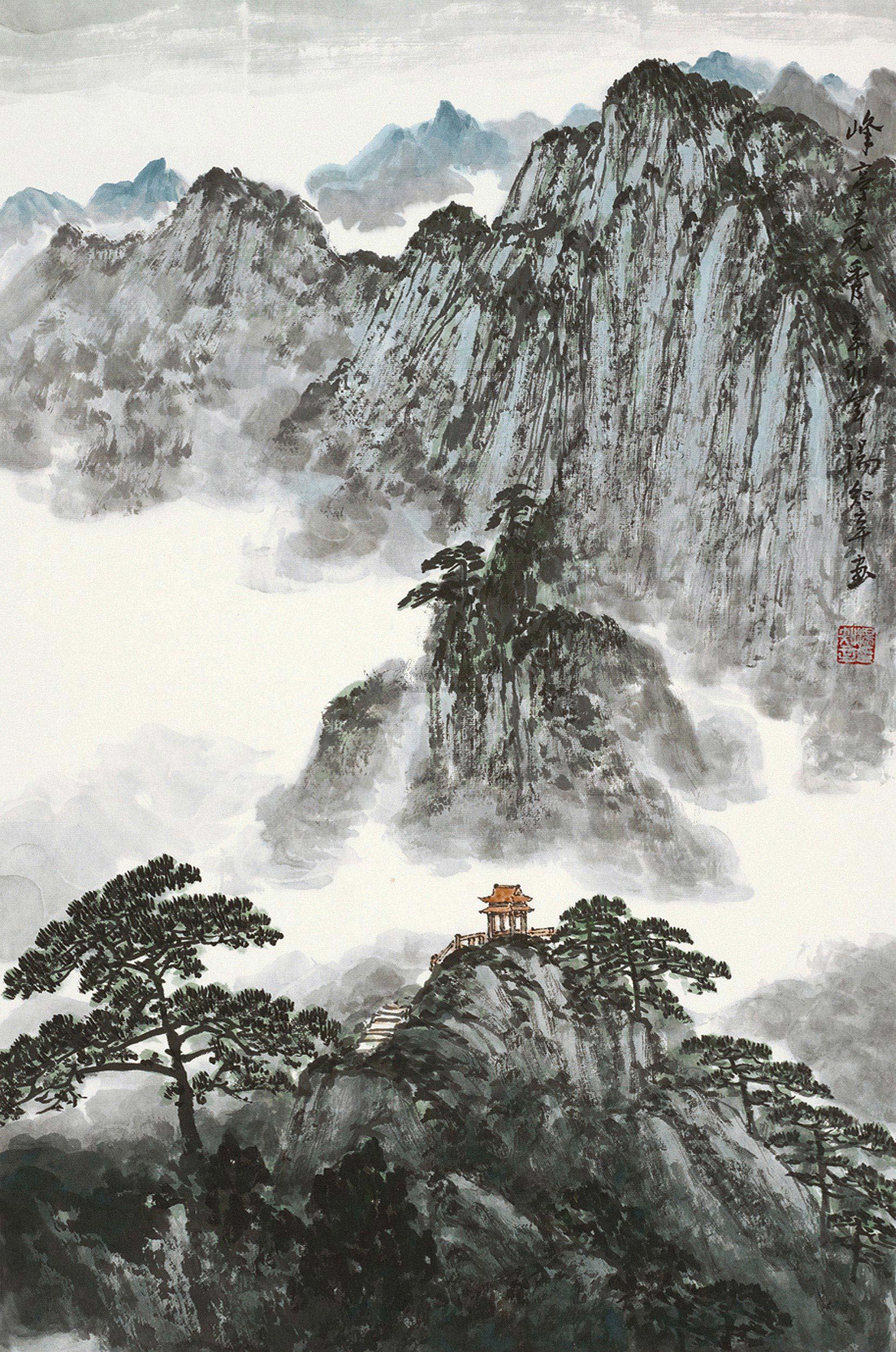0490 峰亭竞秀 镜心 设色纸本