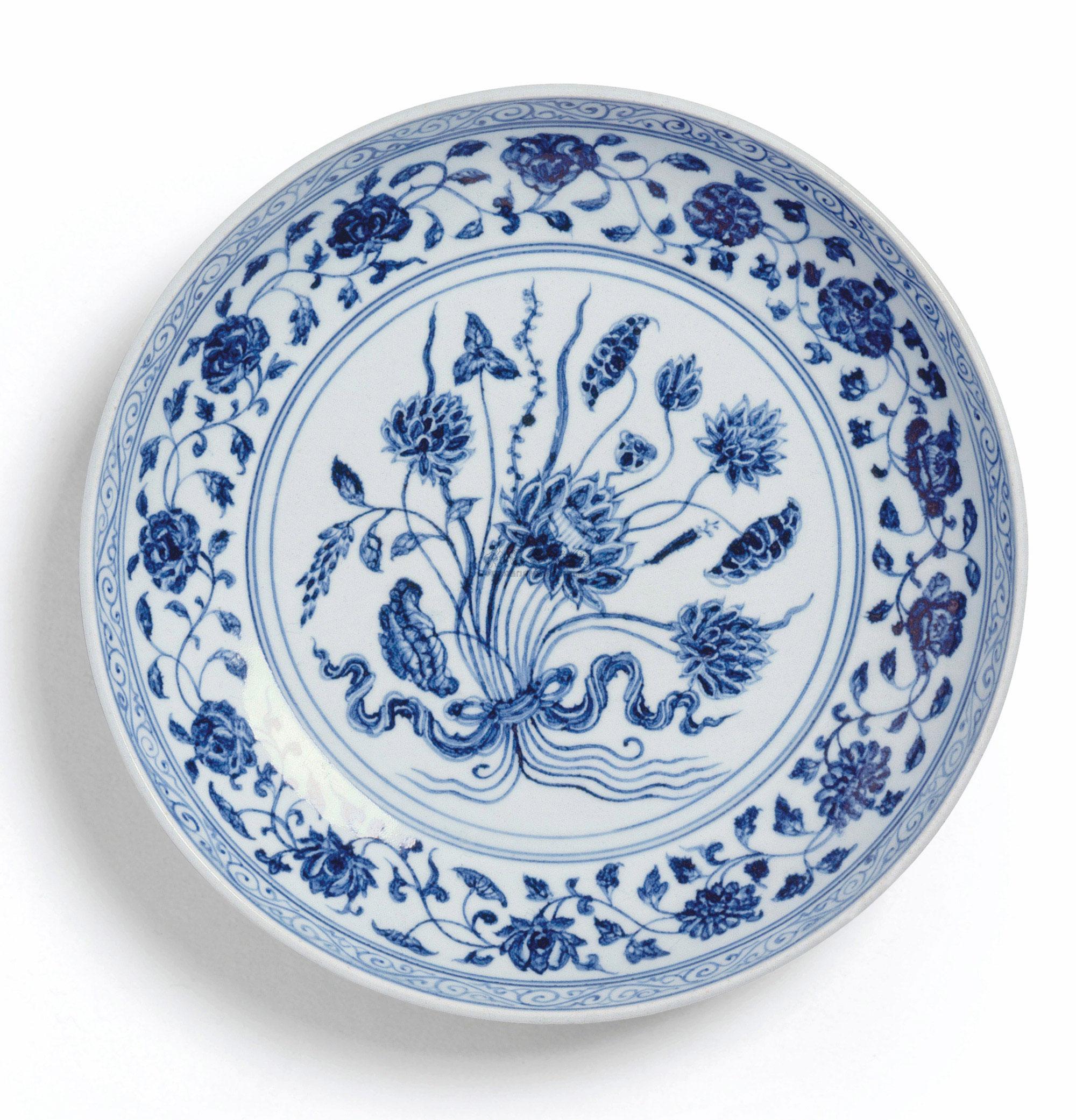 【明永乐 青花【一把莲】纹盘】拍卖品_图片_价格_鉴赏_明代青花瓷器_