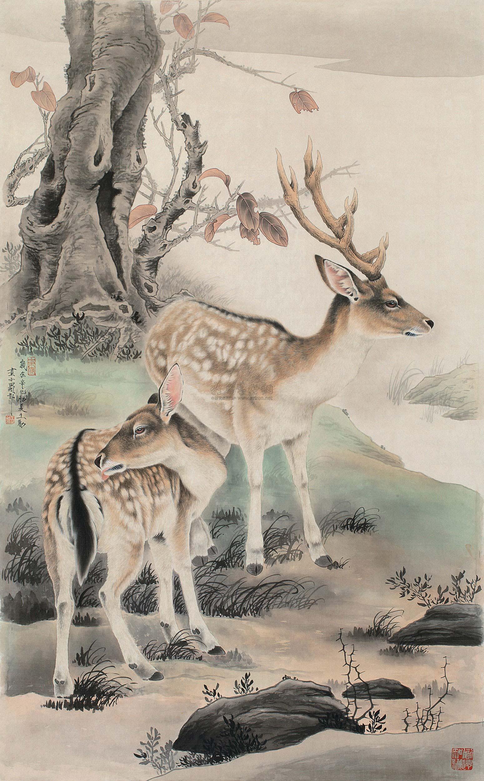 友鹿图 镜心 设色绢本】拍卖品_图片_价格_鉴赏_绘画_雅昌艺术品拍卖