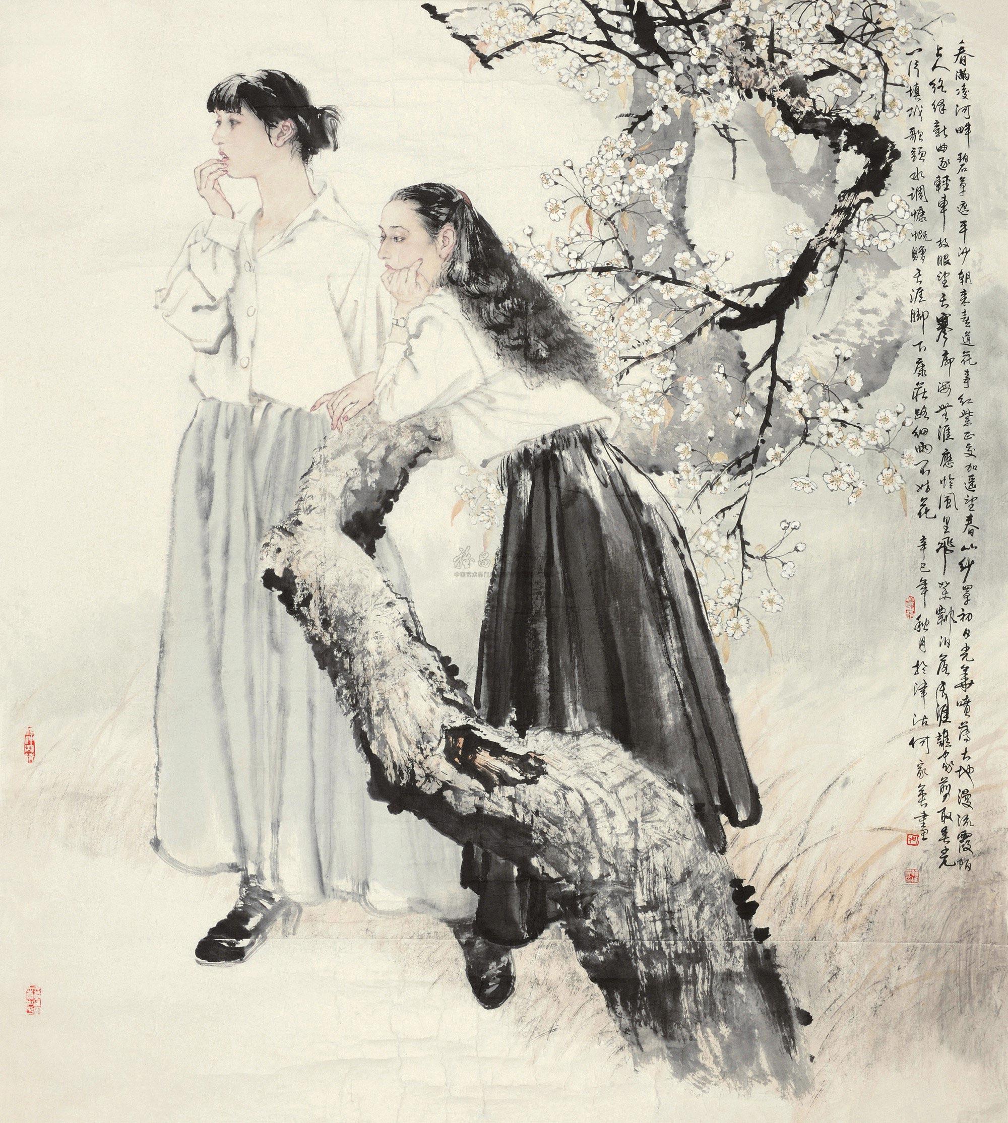 5005 2001年作 梅花双清 镜心 设色纸本