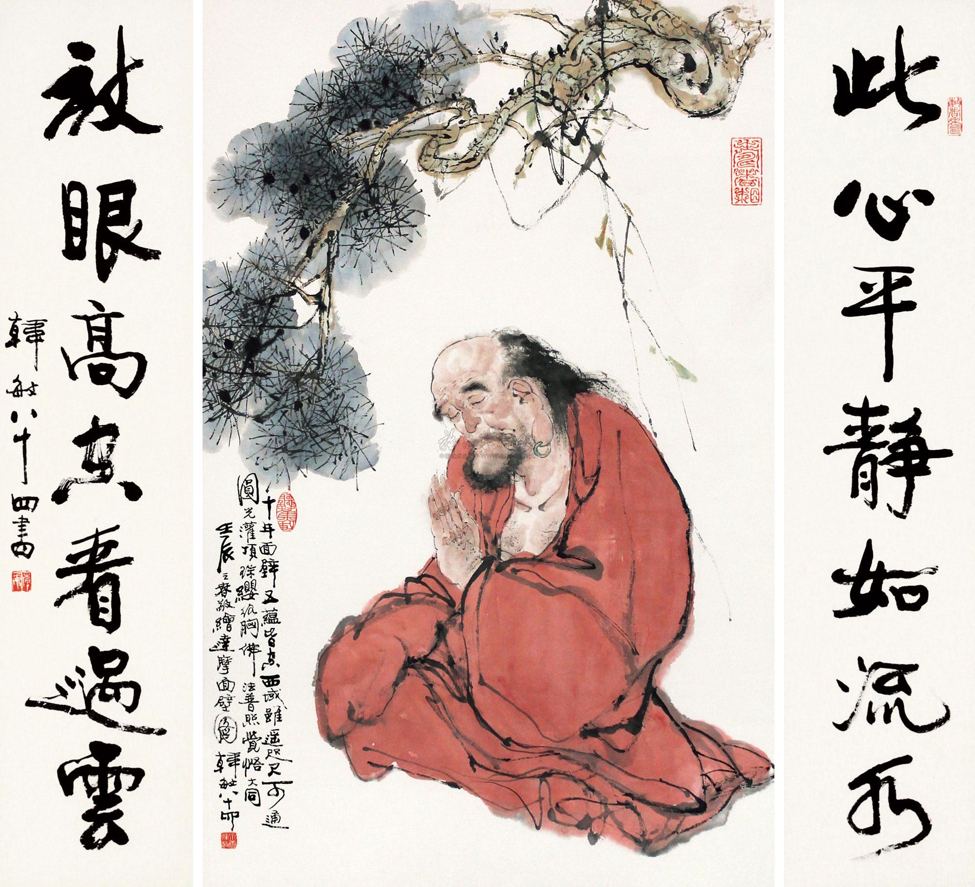 0422 达摩面壁图 镜框 设色纸本