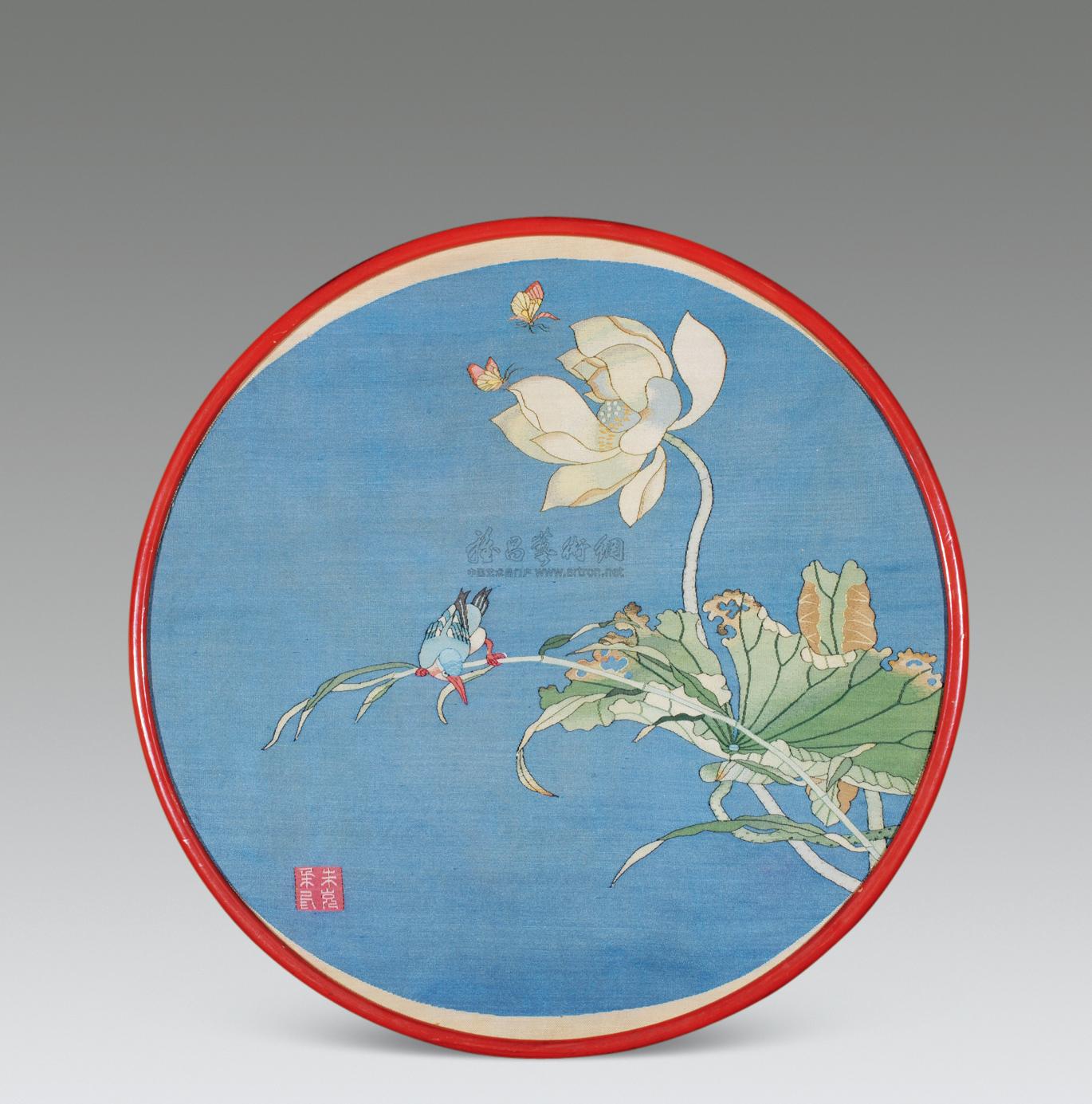 1909 15世纪 朱克柔印缂丝翠鸟荷花园屏
