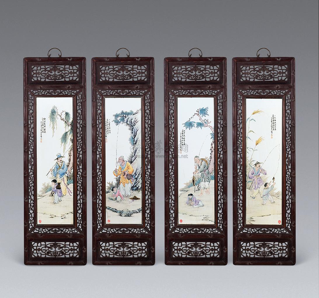 0366 王琦款渔乐图瓷板画 (一组)