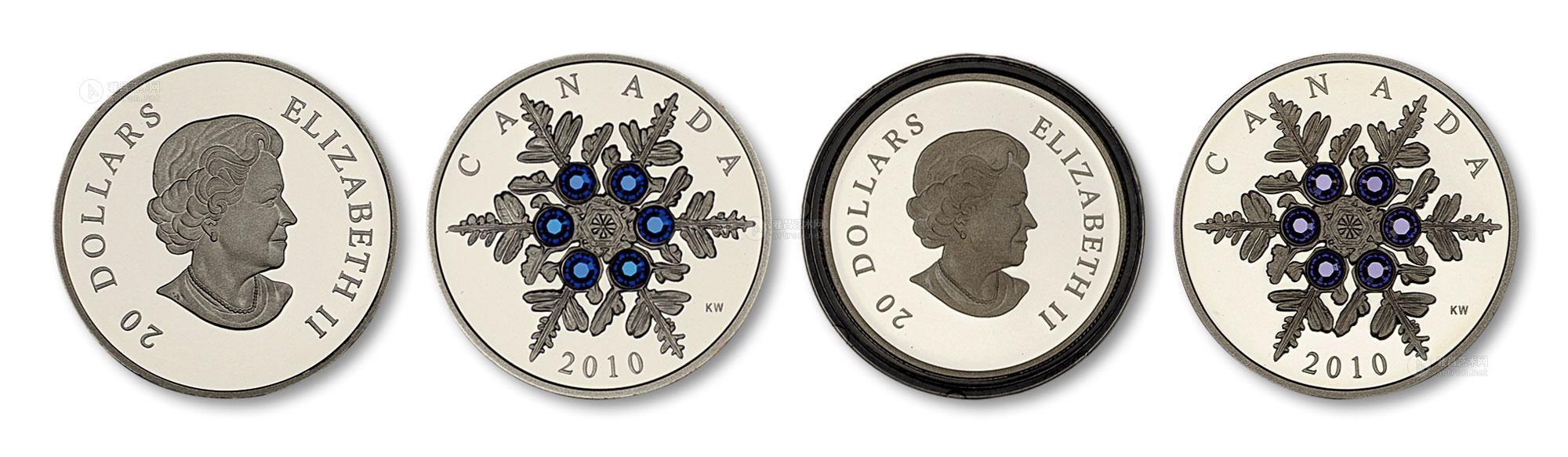 *7198 加拿大2010年雪花镶宝石20dollars精制银币2枚一组