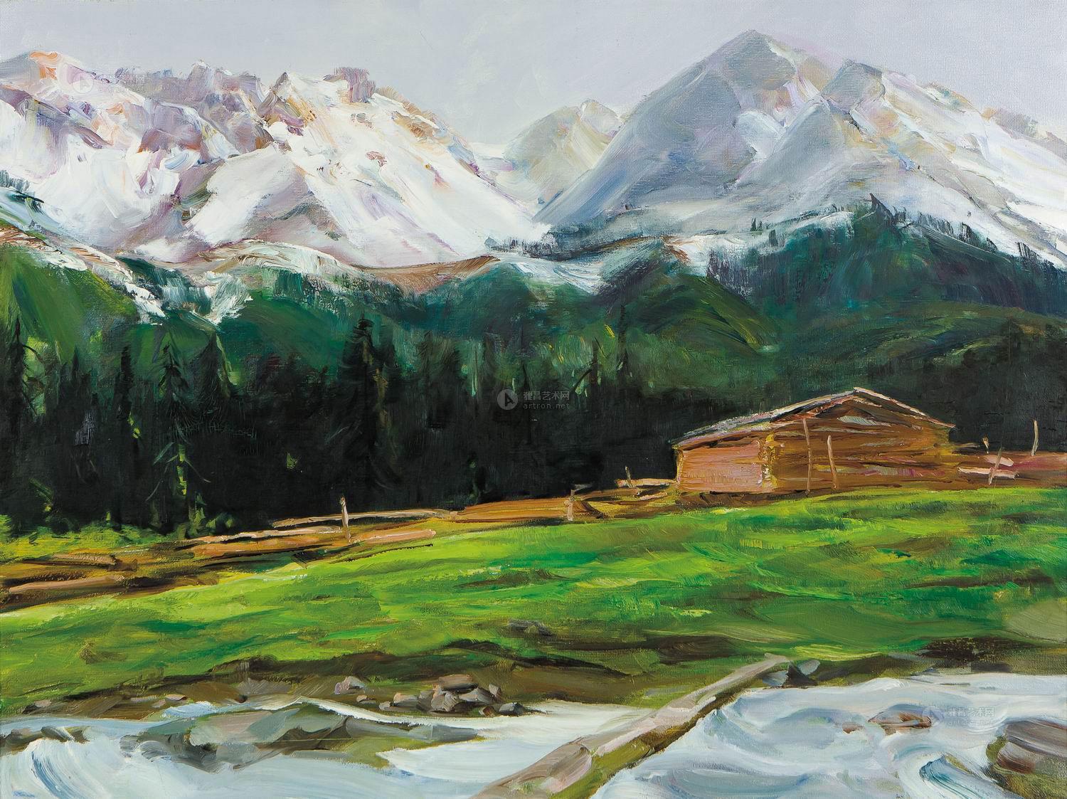 1347 雪山草地 布面油画 框