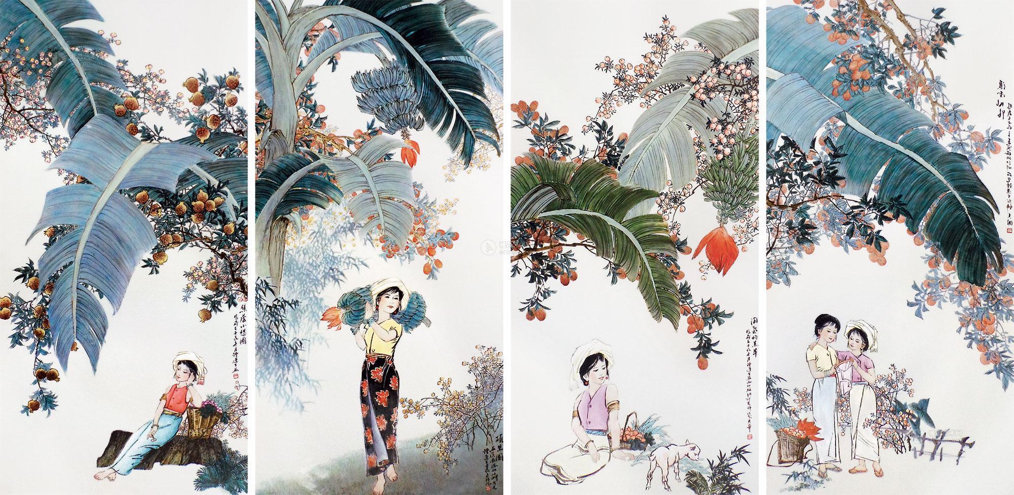 0720 2012年作 钟莲生·傣家风情 粉彩四条屏