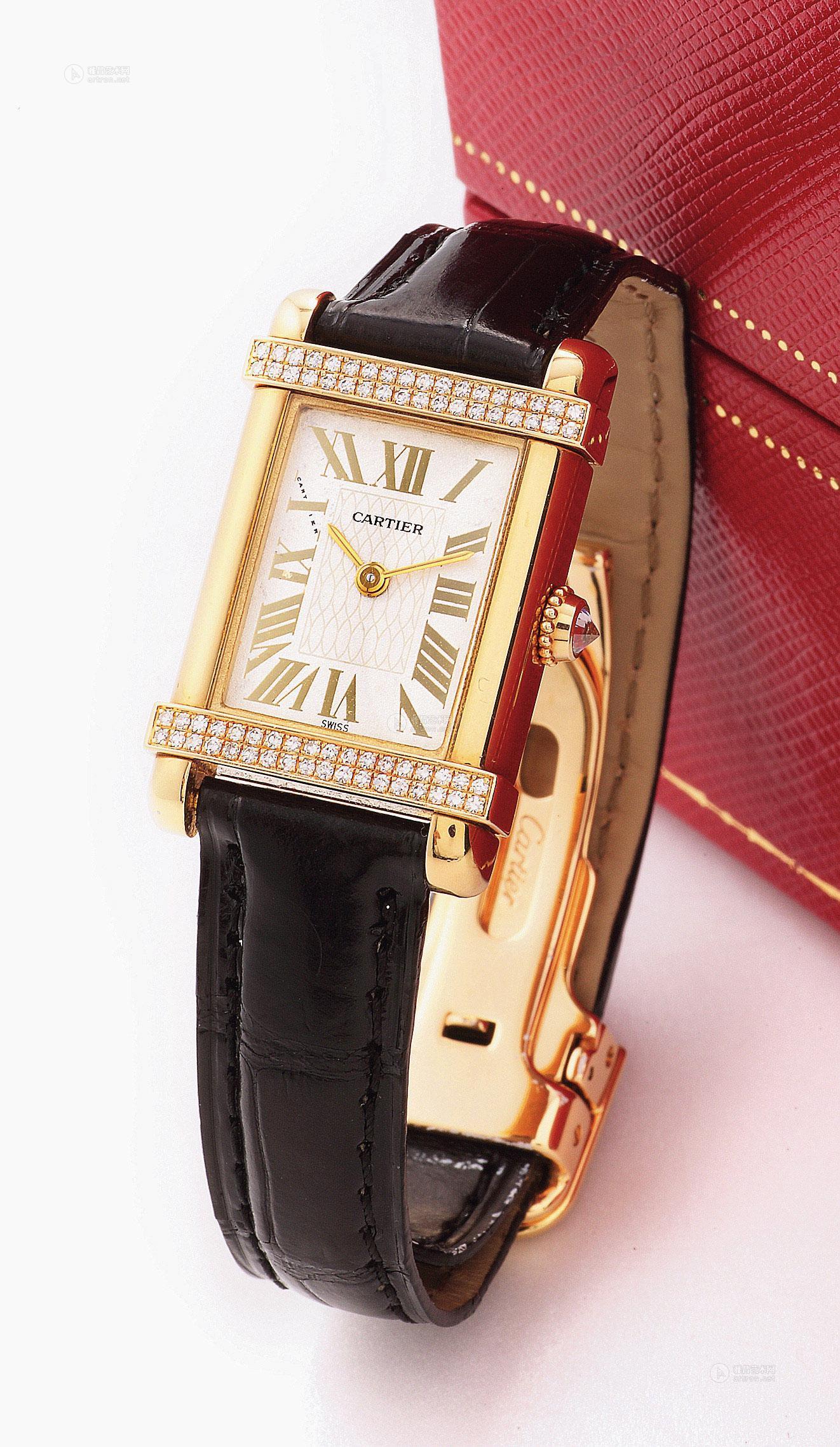 0065 卡地亚"tank chinoise型"18k黄金 钻石 石英 皮带女装腕表