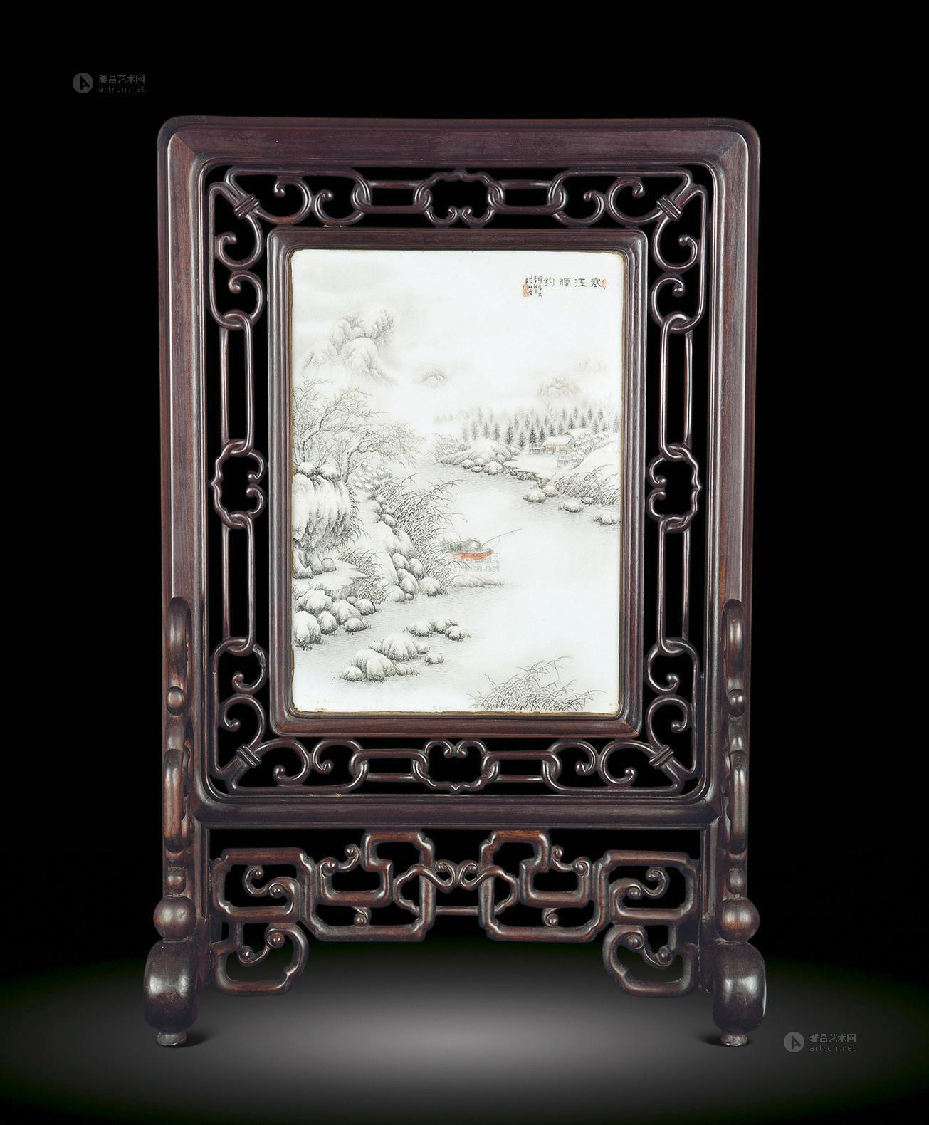 【何许人雪景"寒江独钓"瓷板插屏】拍卖品_图片_价格_鉴赏_现当代及