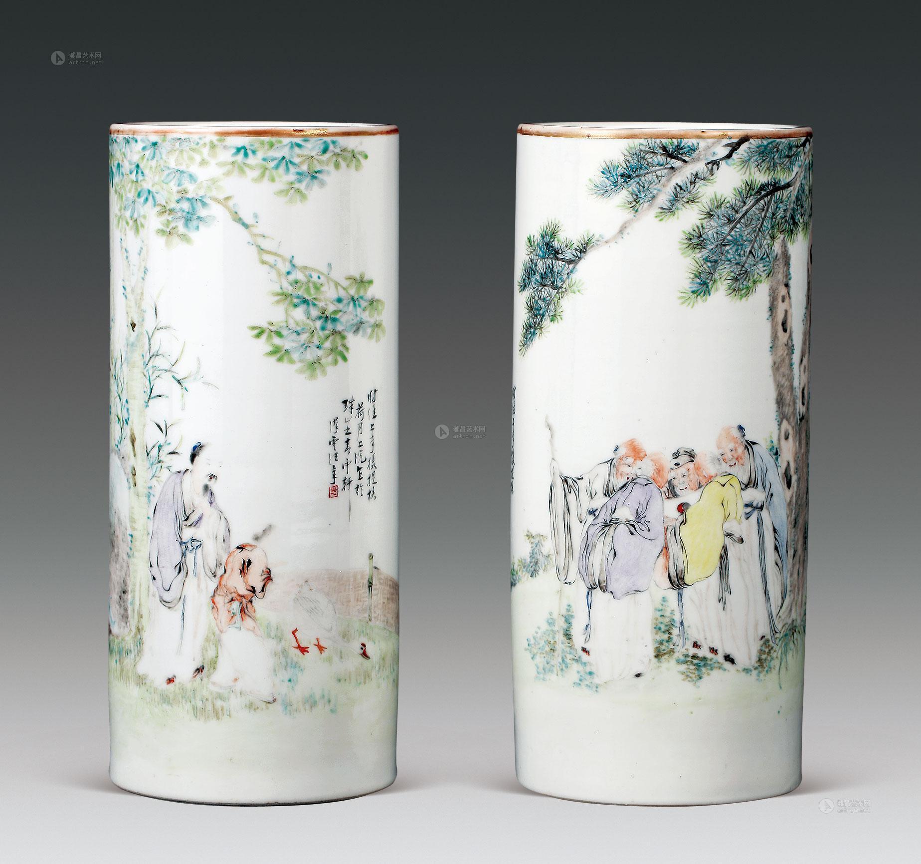 0028 清光绪庚寅年(1890年)作 汪章浅绛彩五老观极帽筒