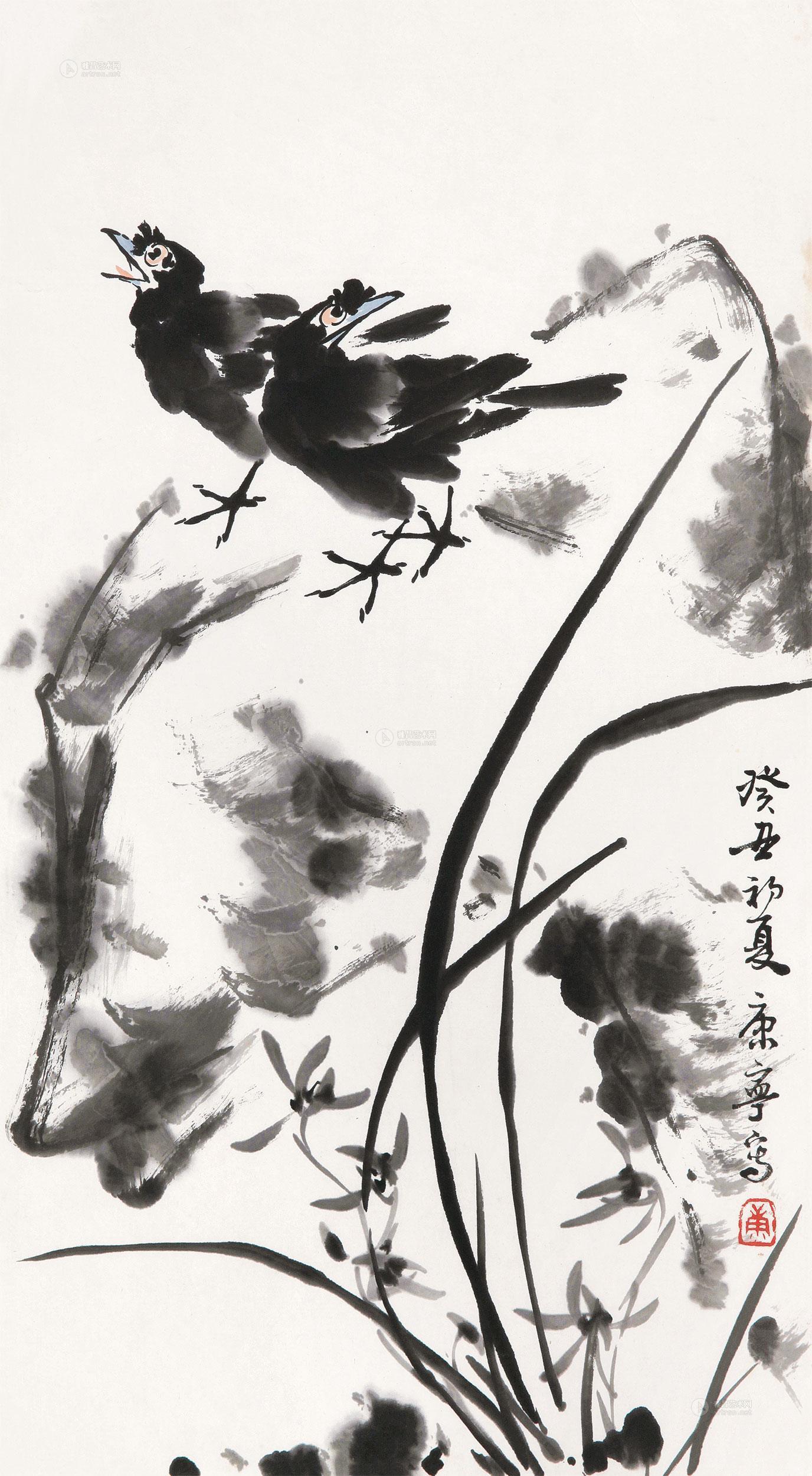 0579 1973年作 兰石八哥 镜框 设色纸本