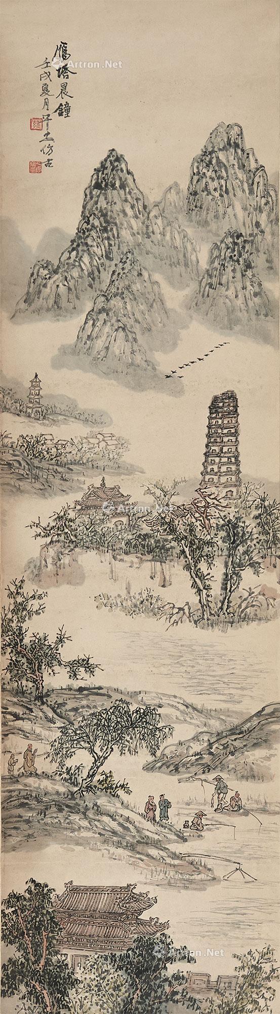 0053 雁塔晨钟 立轴 设色纸本