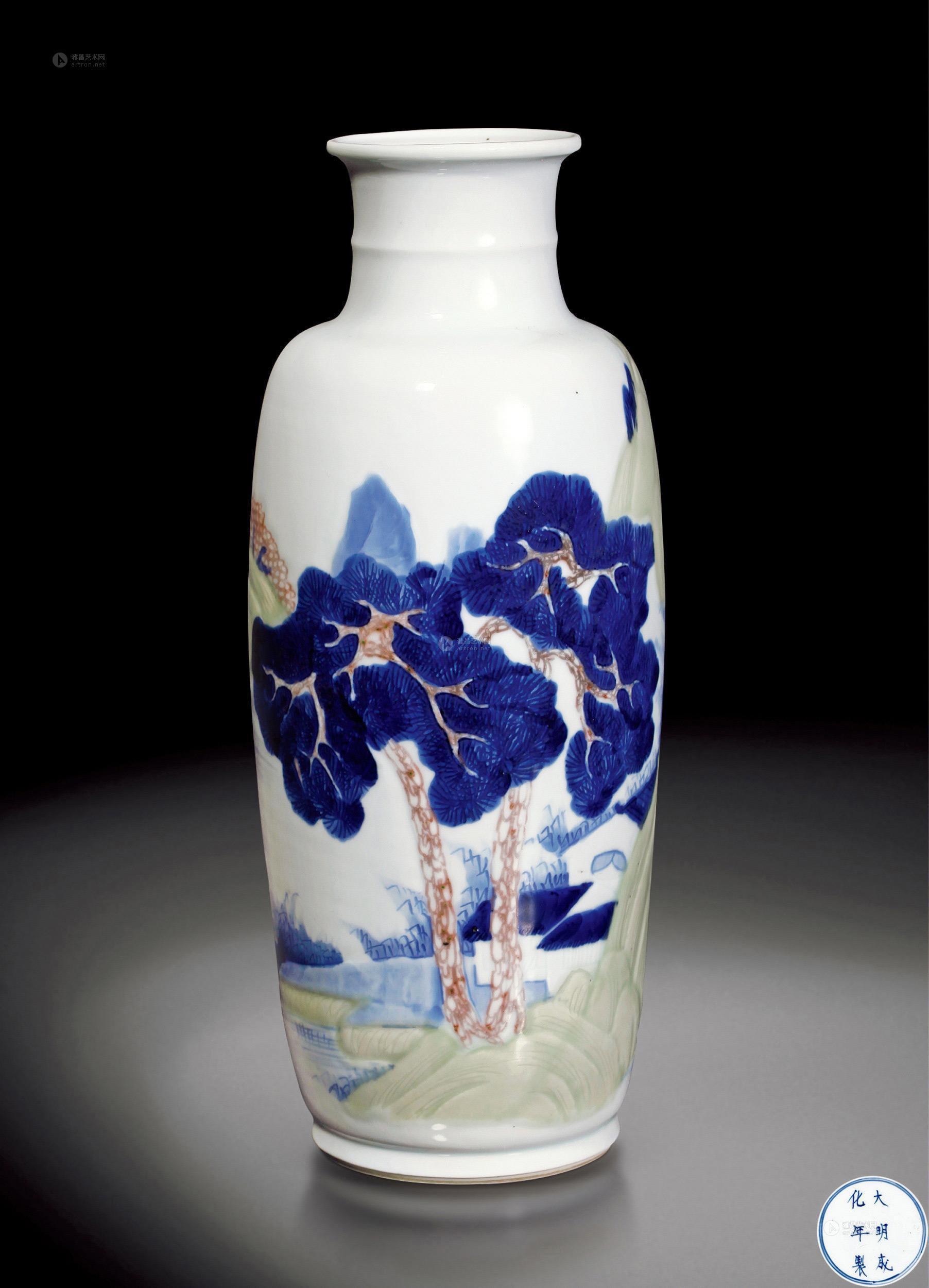 *0193 清·康熙 釉下三彩山水堆瓷棒槌瓶