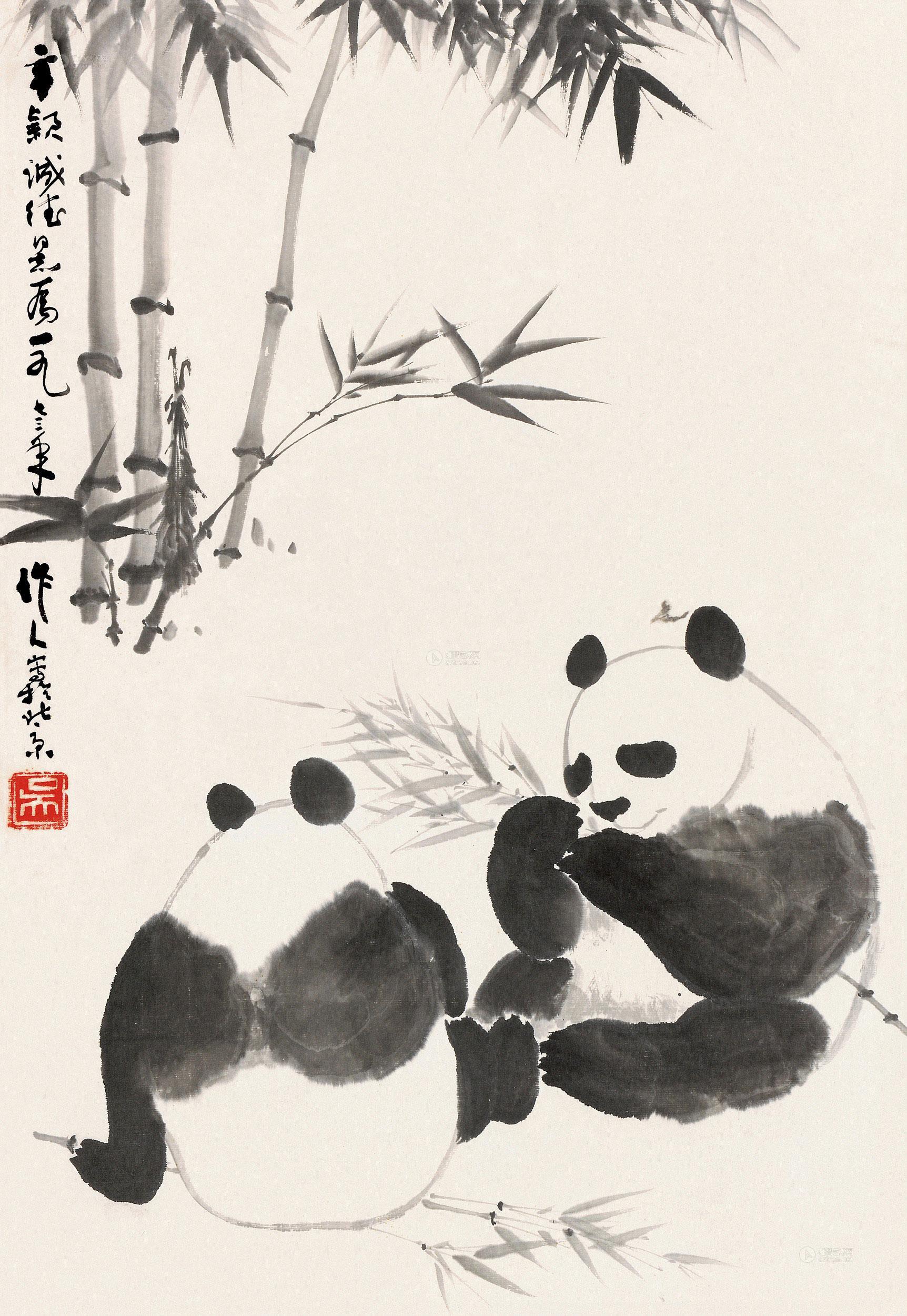 0901 1973年作 竹林熊猫 立轴 水墨纸本